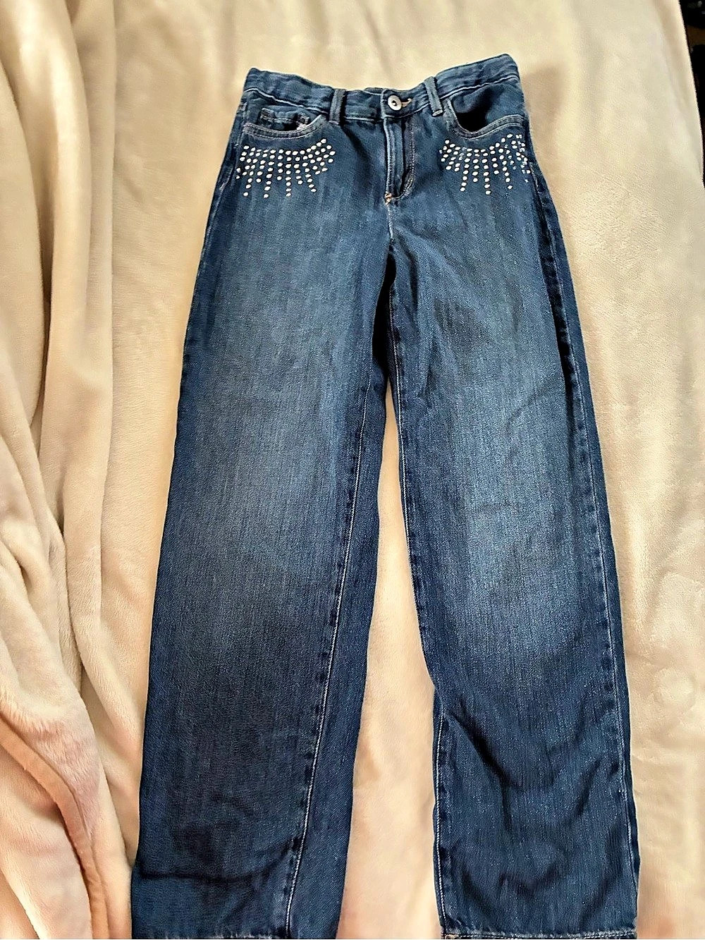 PLACE Touchy Slouchy Embellished Straight Leg Jeans Blue Waist 10 Like New